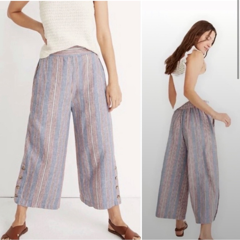Madewell Linen High Rise Side Button Stripe Pull On Wide Leg Crop Rainbow XS